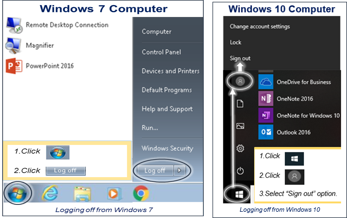 screenshot of logoff button on Windows 7 and Windows 10