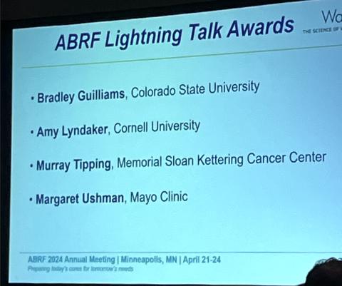 photo of a slide listing ABRF 2024 lightning talk awards